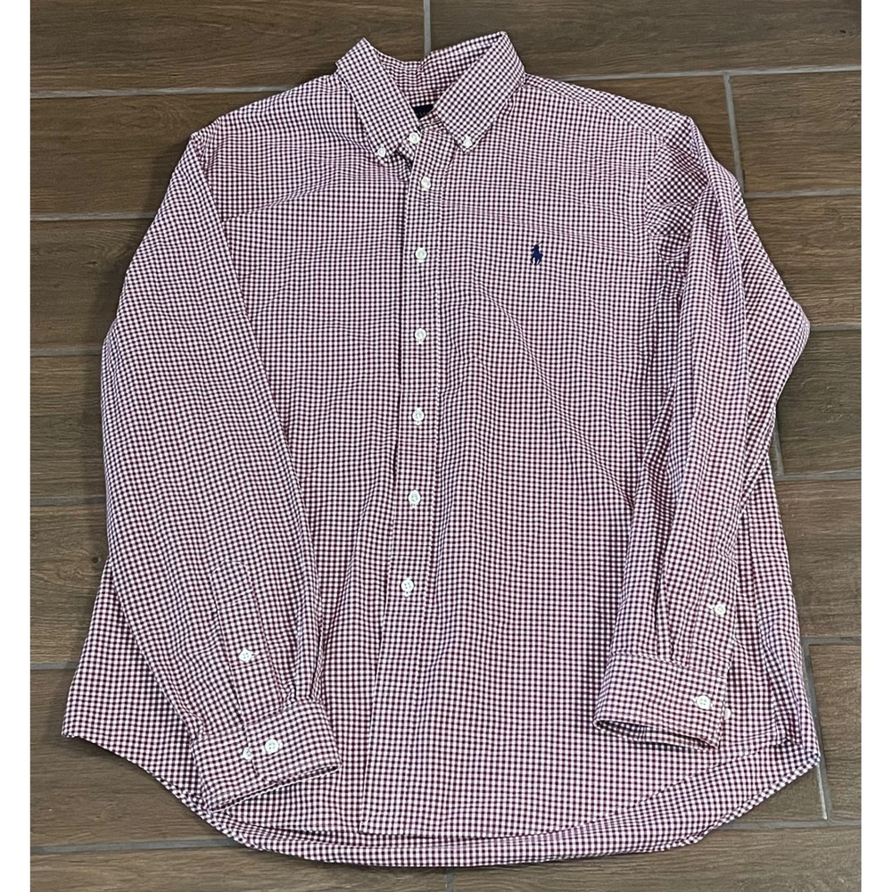 Ralph Lauren Mens XL Gingham Button Down Shirt Burgundy White Long Sleeve Cotton